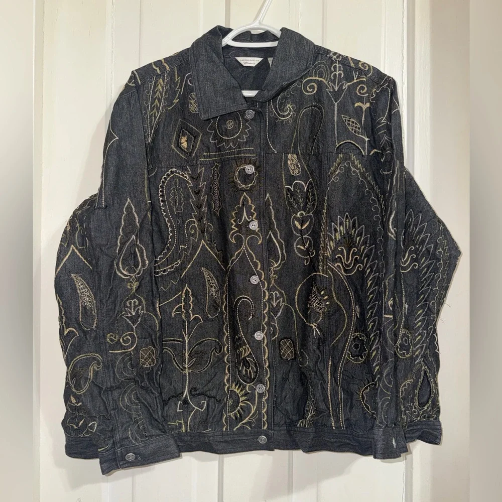 Laura Ashley plus size 2X Black and Gold Embroidered Jean‎ Jacket coat